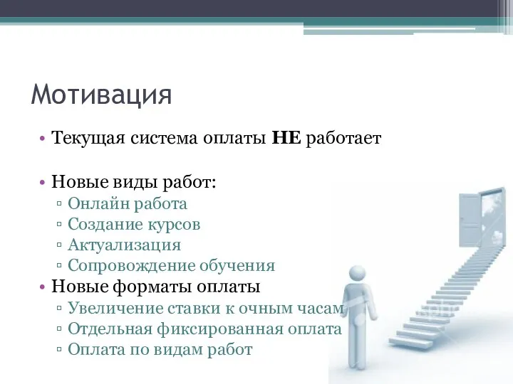 Мотивация Текущая система оплаты НЕ работает Новые виды работ: Онлайн работа