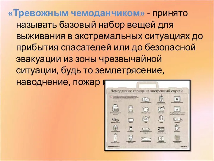 «Тревожным чемоданчиком» - принято называть базовый набор вещей для выживания в