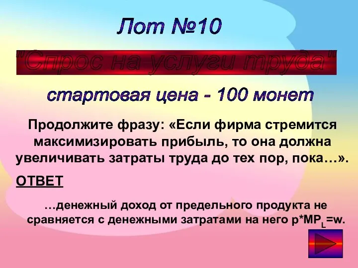 Лот №10 "Спрос на услуги труда" стартовая цена - 100 монет