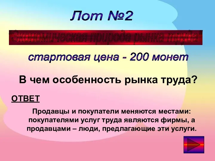 Лот №2 "Экономическая природа рынка труда" стартовая цена - 200 монет