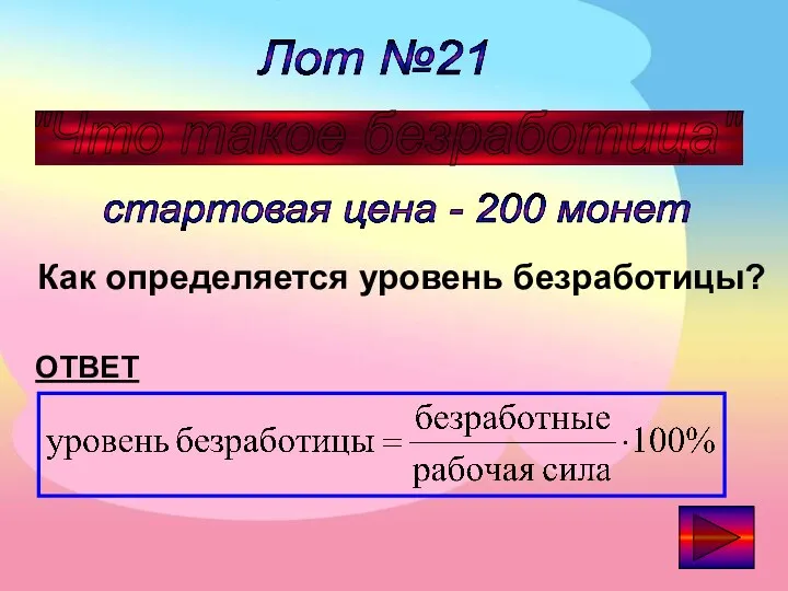 Лот №21 "Что такое безработица" стартовая цена - 200 монет ОТВЕТ Как определяется уровень безработицы?