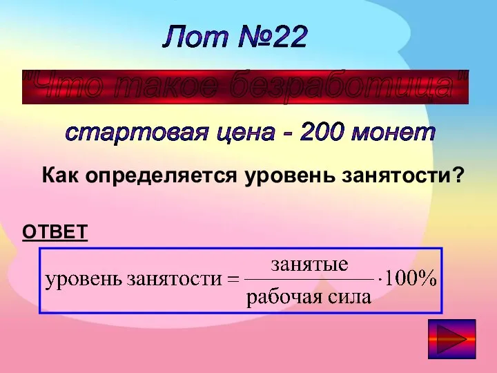 Лот №22 "Что такое безработица" стартовая цена - 200 монет ОТВЕТ Как определяется уровень занятости?