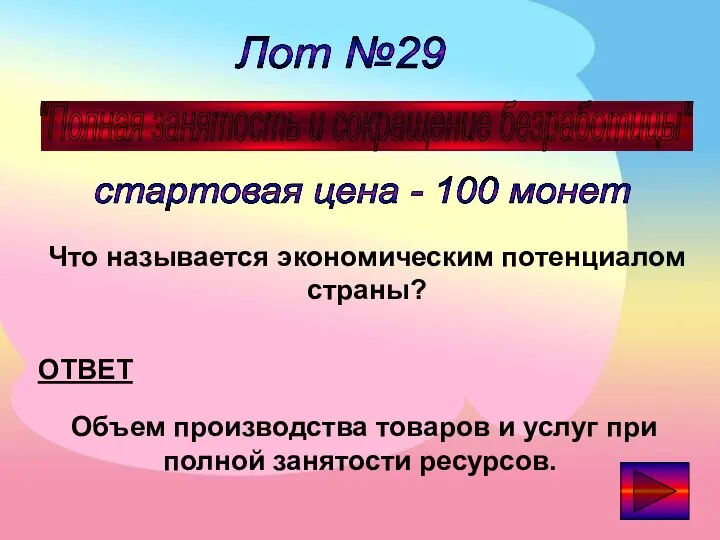 Лот №29 "Полная занятость и сокращение безработицы" стартовая цена - 100