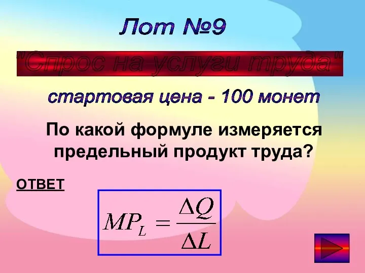 Лот №9 "Спрос на услуги труда" стартовая цена - 100 монет