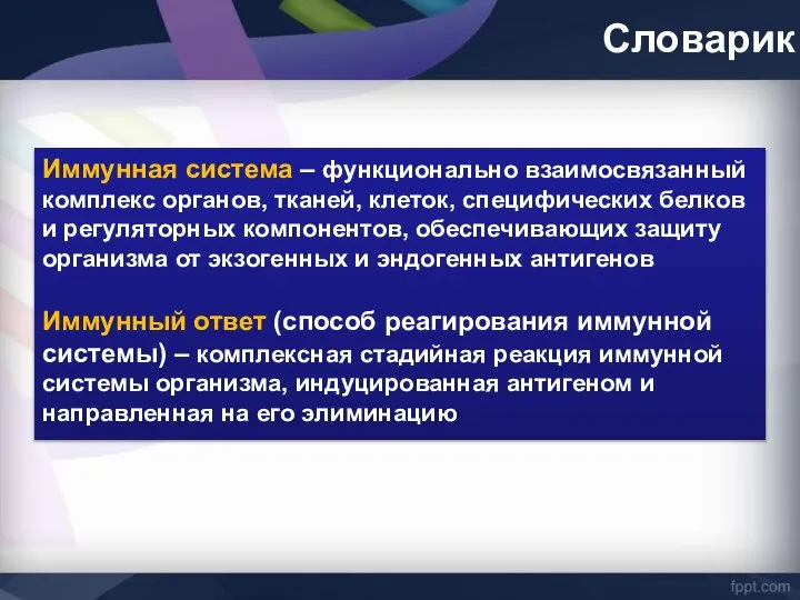 Словарик Иммунная система – функционально взаимосвязанный комплекс органов, тканей, клеток, специфических