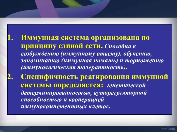 Иммунная система организована по принципу единой сети. Способна к возбуждению (иммунному