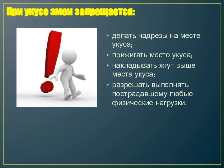 делать надрезы на месте укуса; прижигать место укуса; накладывать жгут выше