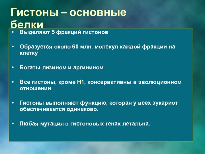 Гистоны – основные белки Выделяют 5 фракций гистонов Образуется около 60