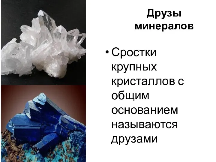 Друзы минералов Сростки крупных кристаллов с общим основанием называются друзами