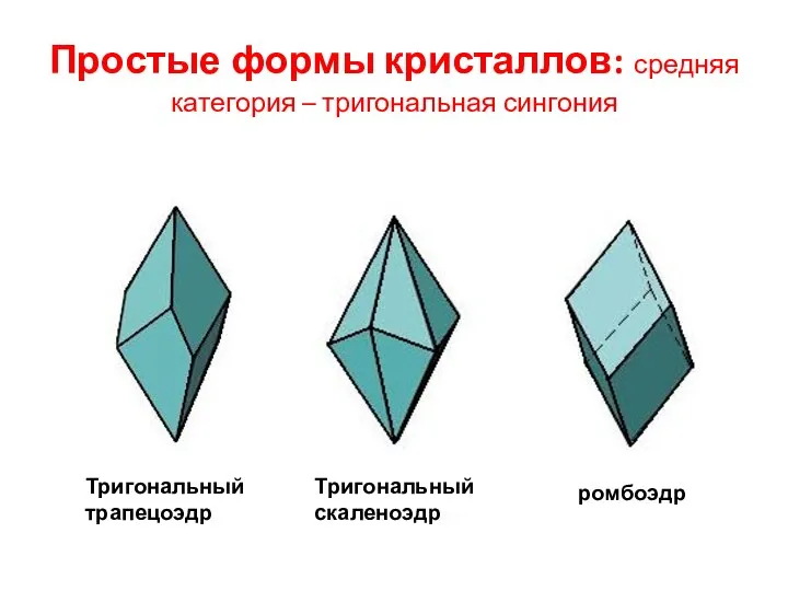 Простые формы кристаллов: средняя категория – тригональная сингония Тригональный трапецоэдр Тригональный скаленоэдр ромбоэдр