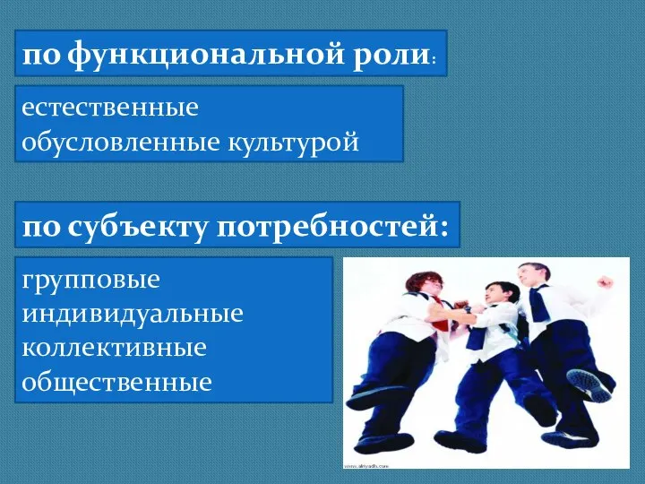 по функциональной роли: естественные обусловленные культурой по субъекту потребностей: групповые индивидуальные коллективные общественные