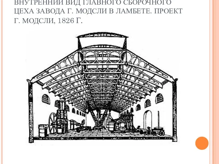 ВНУТРЕННИЙ ВИД ГЛАВНОГО СБОРОЧНОГО ЦЕХА ЗАВОДА Г. МОДСЛИ В ЛАМБЕТЕ. ПРОЕКТ Г. МОДСЛИ, 1826 Г.