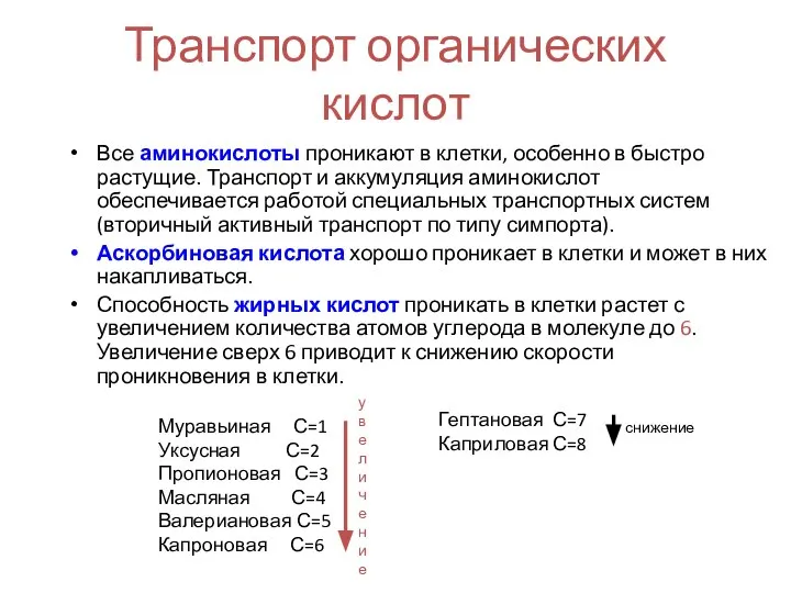 Транспорт органических кислот Все аминокислоты проникают в клетки, особенно в быстро