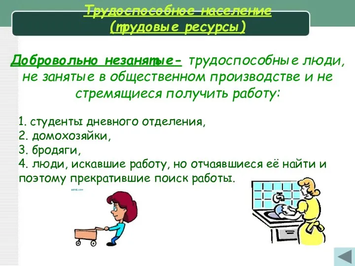 Трудоспособное население (трудовые ресурсы) Добровольно незанятые- трудоспособные люди, не занятые в