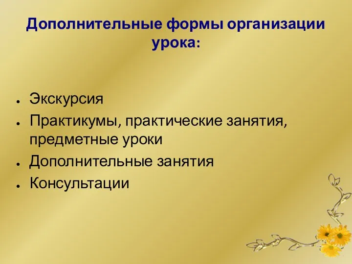 Дополнительные формы организации урока: Экскурсия Практикумы, практические занятия, предметные уроки Дополнительные занятия Консультации