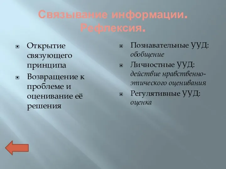 Связывание информации. Рефлексия. Открытие связующего принципа Возвращение к проблеме и оценивание