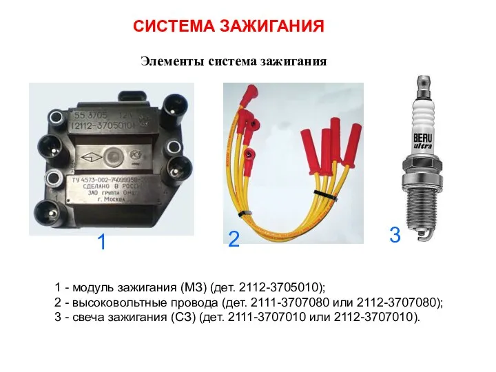 СИСТЕМА ЗАЖИГАНИЯ 1 - модуль зажигания (МЗ) (дет. 2112-3705010); 2 -