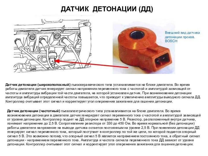 ДАТЧИК ДЕТОНАЦИИ (ДД) Датчик детонации (широкополосный) пьезокерамического типа устанавливается на блоке