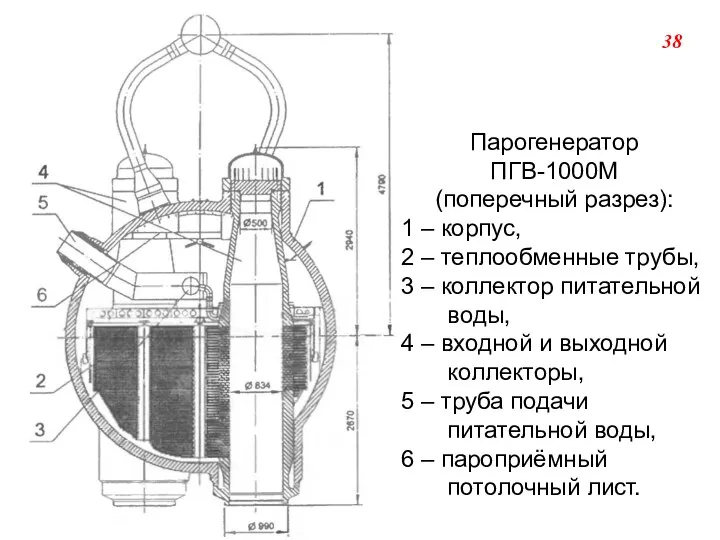 Парогенератор ПГВ-1000М (поперечный разрез): 1 – корпус, 2 – теплообменные трубы,