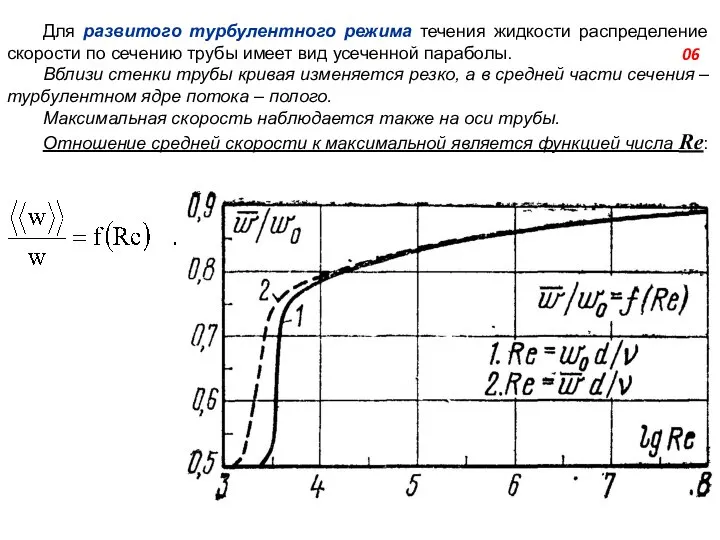 Для развитого турбулентного режима течения жидкости распределение скорости по сечению трубы