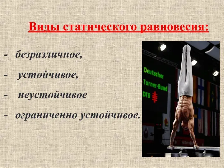 Виды статического равновесия: безразличное, устойчивое, неустойчивое ограниченно устойчивое.