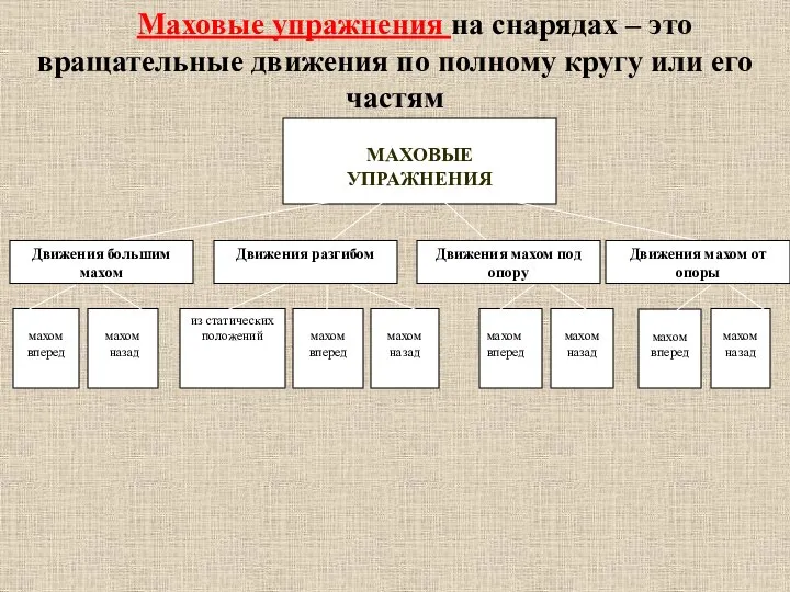 МАХОВЫЕ УПРАЖНЕНИЯ Движения большим махом Движения разгибом Движения махом под опору