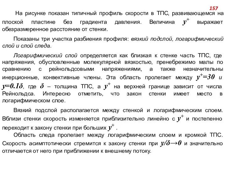 На рисунке показан типичный профиль скорости в ТПС, развивающемся на плоской