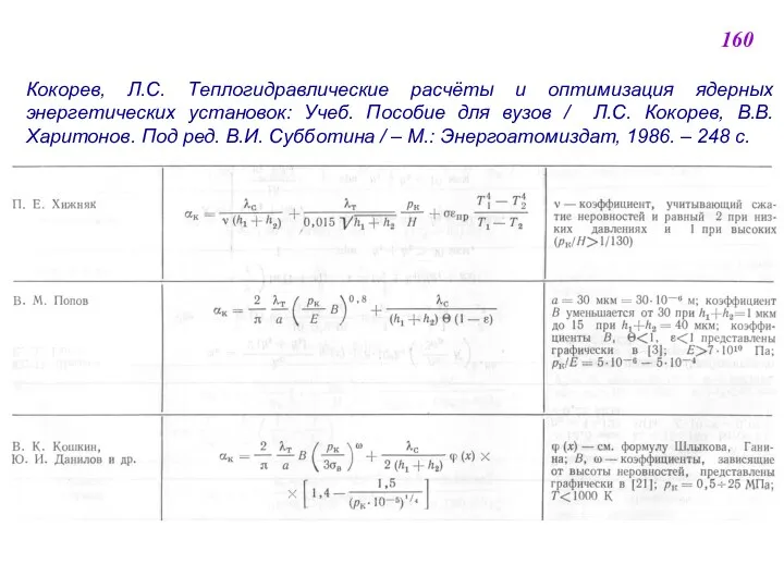 160 Кокорев, Л.С. Теплогидравлические расчёты и оптимизация ядерных энергетических установок: Учеб.