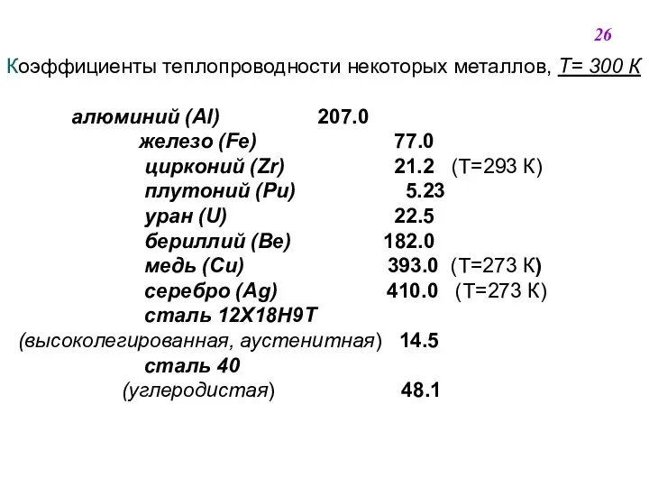 Коэффициенты теплопроводности некоторых металлов, Т= 300 К алюминий (Al) 207.0 железо