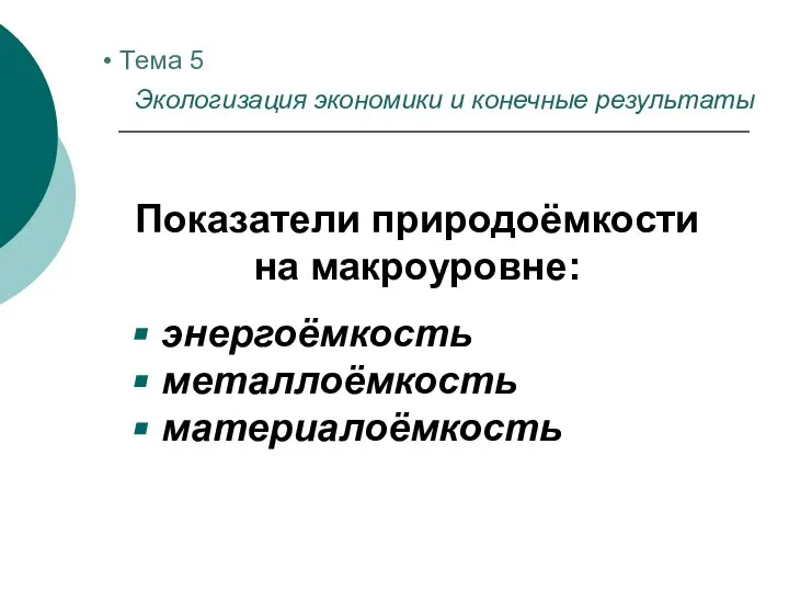 Показатели природоёмкости на макроуровне: энергоёмкость металлоёмкость материалоёмкость Тема 5 Экологизация экономики и конечные результаты