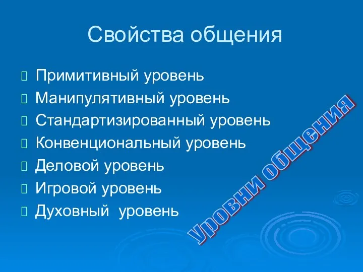 Свойства общения Примитивный уровень Манипулятивный уровень Стандартизированный уровень Конвенциональный уровень Деловой