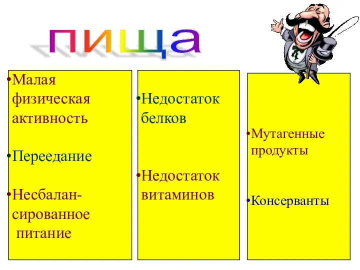 Малая физическая активность Переедание Несбалан- сированное питание Недостаток белков Недостаток витаминов Мутагенные продукты Консерванты пища