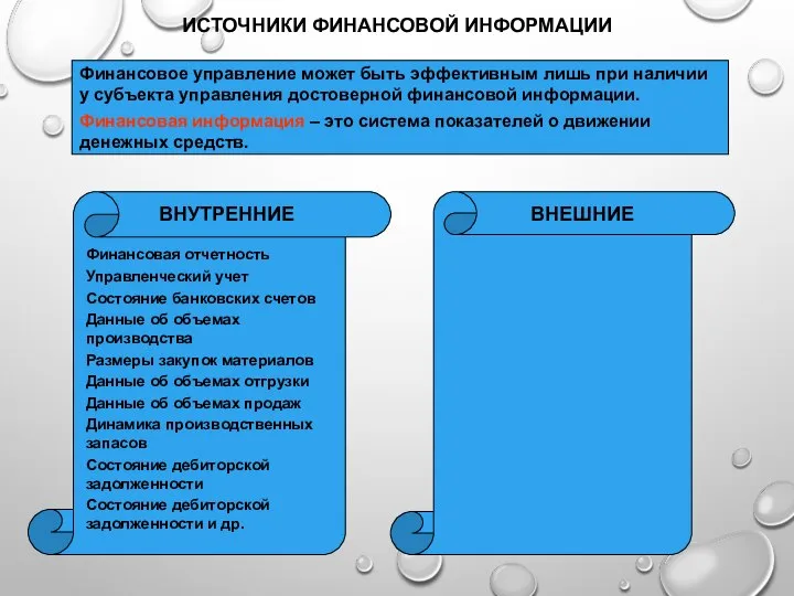 ИСТОЧНИКИ ФИНАНСОВОЙ ИНФОРМАЦИИ Финансовое управление может быть эффективным лишь при наличии