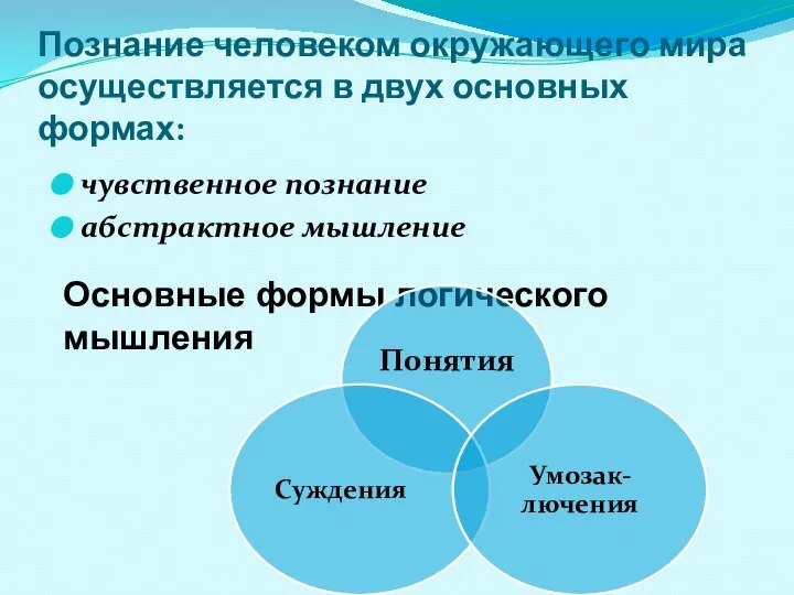 Познание человеком окружающего мира осуществляется в двух основных формах: чувственное познание