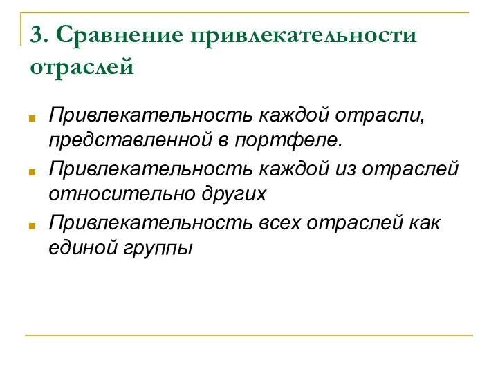 3. Сравнение привлекательности отраслей Привлекательность каждой отрасли, представленной в портфеле. Привлекательность