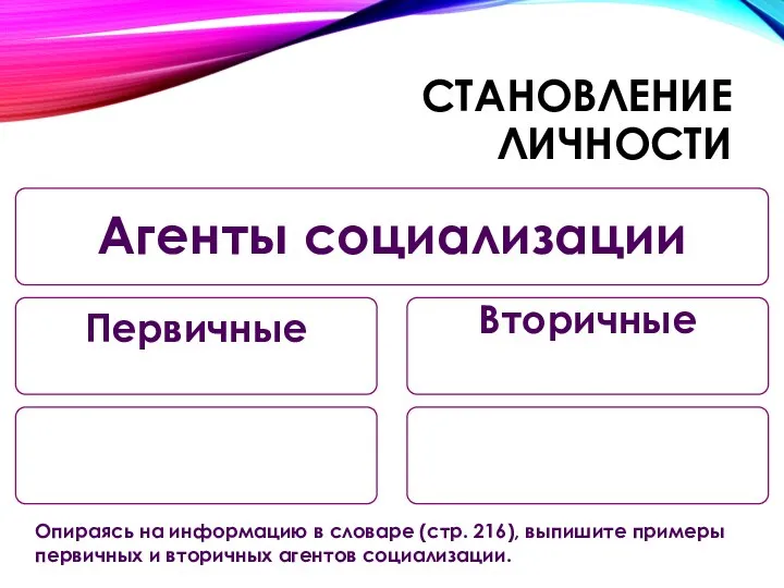 Становление личности Опираясь на информацию в словаре (стр. 216), выпишите примеры первичных и вторичных агентов социализации.