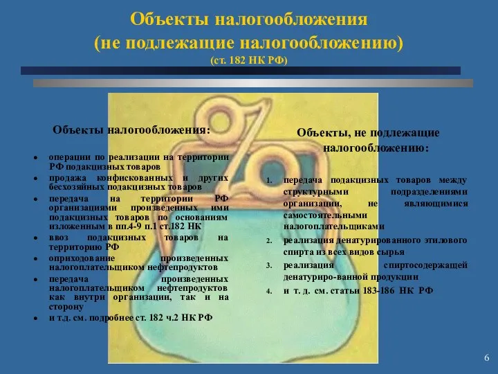 Объекты налогообложения: операции по реализации на территории РФ подакцизных товаров продажа