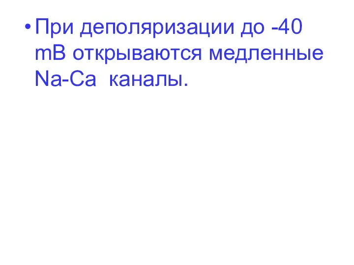 При деполяризации до -40 mВ открываются медленные Na-Ca каналы.