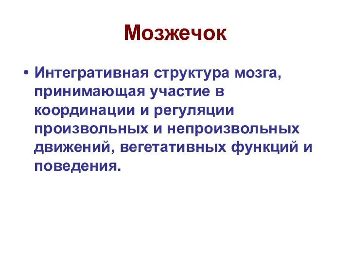 Мозжечок Интегративная структура мозга, принимающая участие в координации и регуляции произвольных