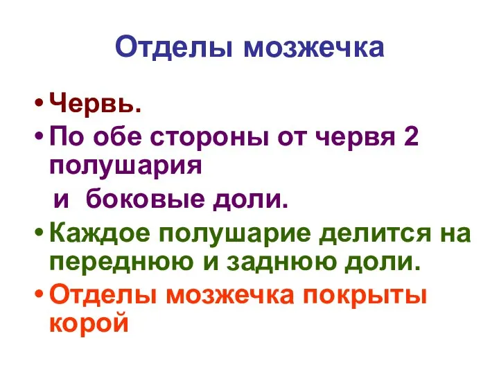 Отделы мозжечка Червь. По обе стороны от червя 2 полушария и