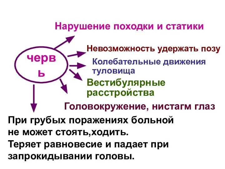 червь Нарушение походки и статики Невозможность удержать позу Колебательные движения туловища