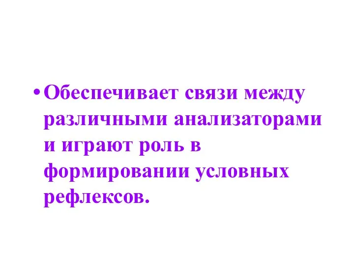 Обеспечивает связи между различными анализаторами и играют роль в формировании условных рефлексов.