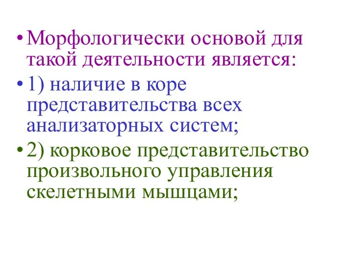 Морфологически основой для такой деятельности является: 1) наличие в коре представительства