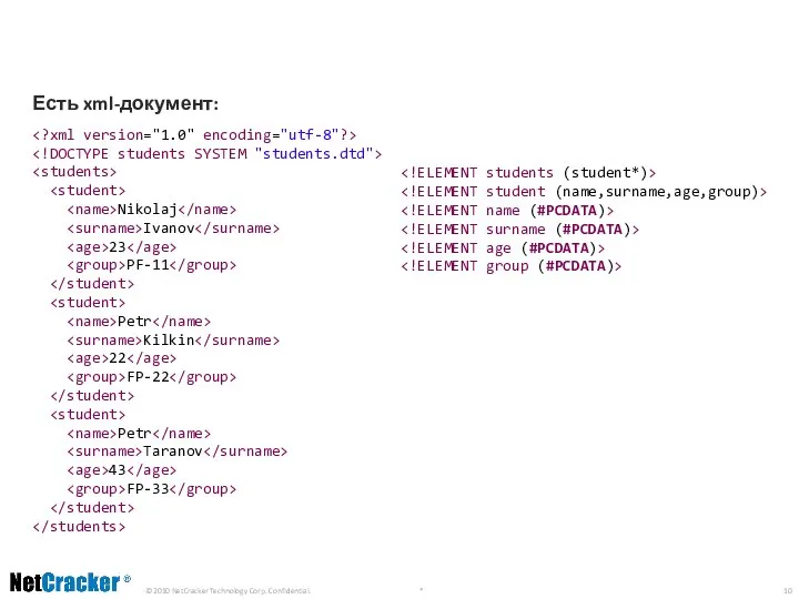Есть xml-документ: Пример. Входные данные Nikolaj Ivanov 23 PF-11 Petr Kilkin