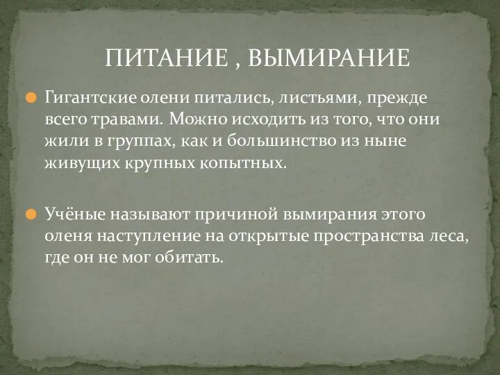 Гигантские олени питались, листьями, прежде всего травами. Можно исходить из того,