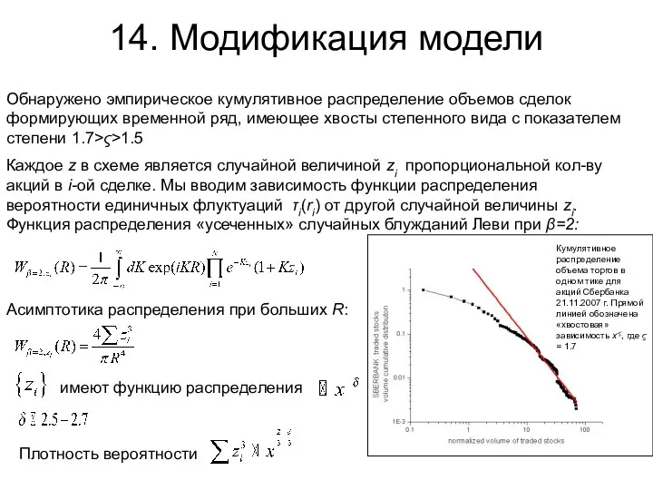 14. Модификация модели Обнаружено эмпирическое кумулятивное распределение объемов сделок формирующих временной