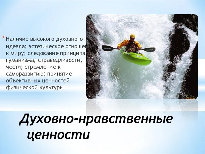 Наличие высокого духовного идеала; эстетическое отношение к миру; следование принципам гуманизма,