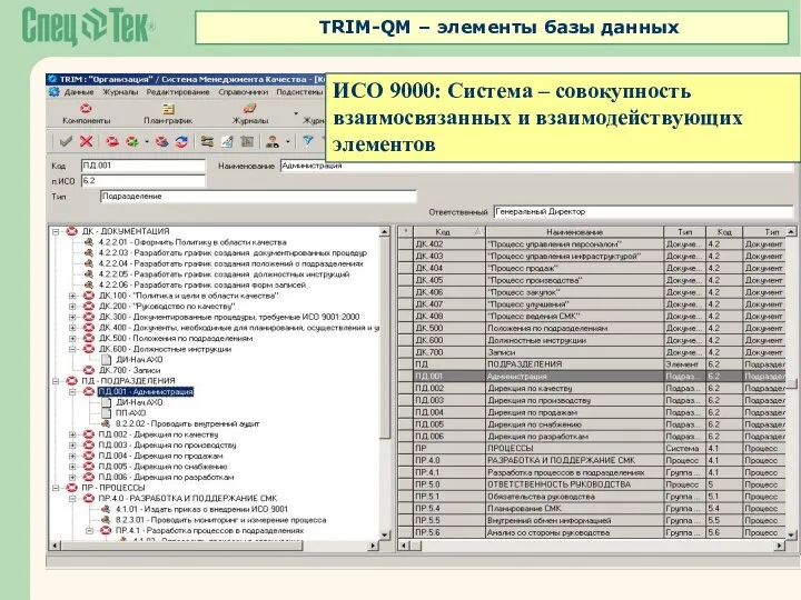 ИСО 9000: Система – совокупность взаимосвязанных и взаимодействующих элементов TRIM-QM – элементы базы данных