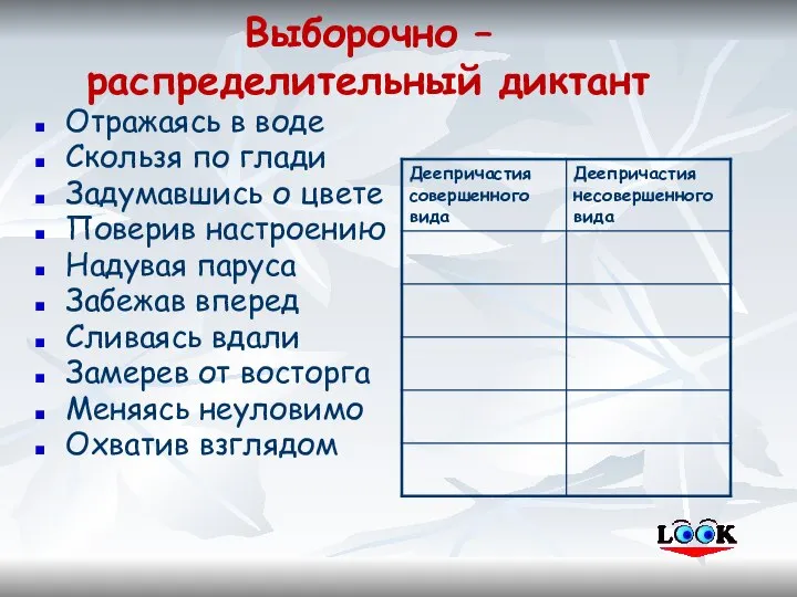 Выборочно – распределительный диктант Отражаясь в воде Скользя по глади Задумавшись