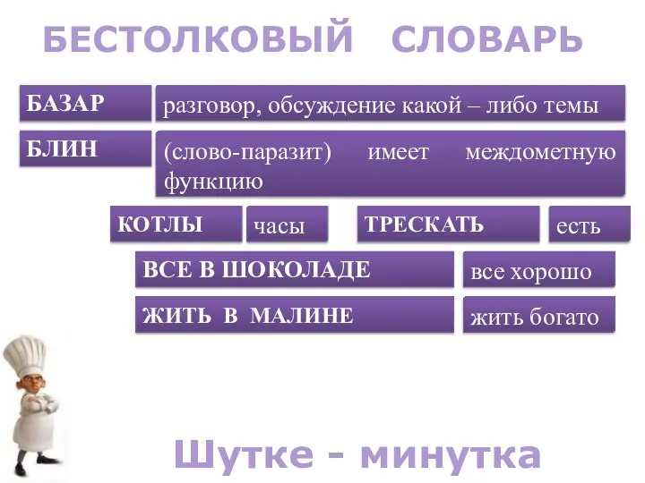 БЕСТОЛКОВЫЙ СЛОВАРЬ БАЗАР разговор, обсуждение какой – либо темы БЛИН (слово-паразит)